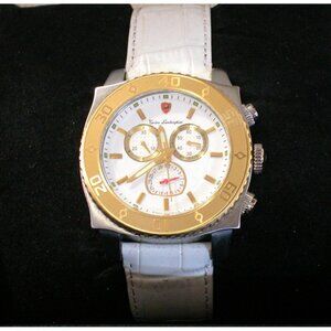 Tonino Lamborghini Chronograph Watch White Leather Band Gold-Tone Bezel Mens EN0